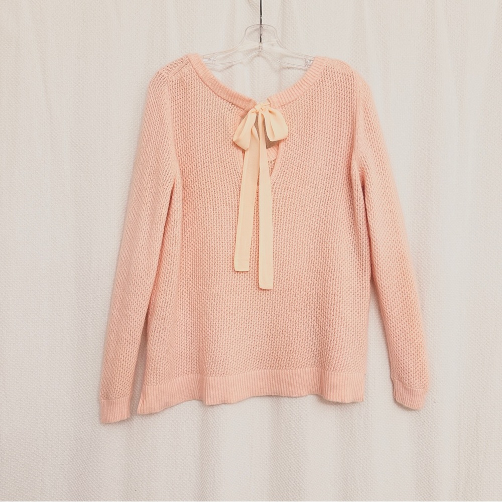 Tristan Wool blend Soft Pink Sweater with Silk Bow Accent